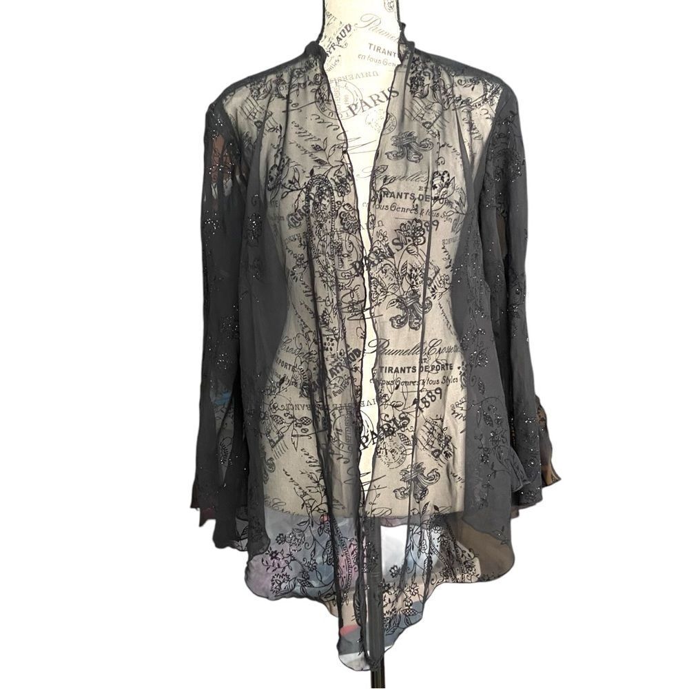 Elegant Black Sheer Floral Lace Front Open Blazer Cardigan in One Size
